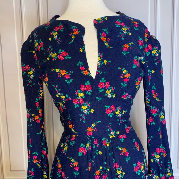BLUE, VINTAGE DRESS w/ pink+orange floral. SMALL. - Picture 3 of 7